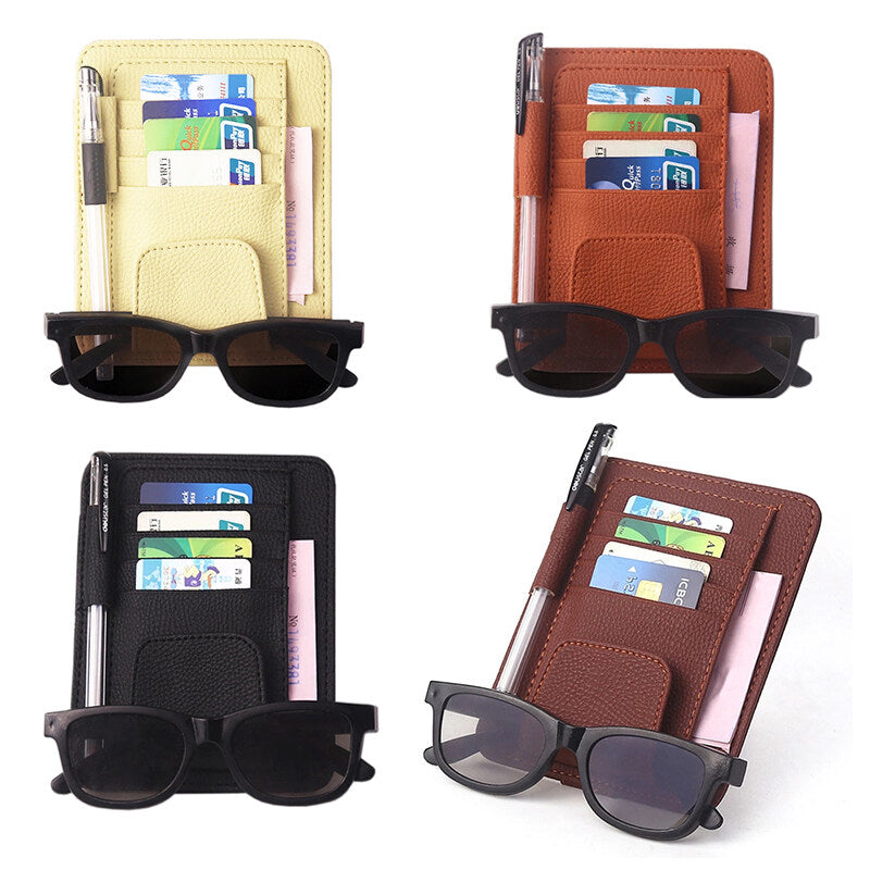 Car Sun Visor Organizer PU Leather Card Glasses Pen Holder Auto Sunvisor Interior Storage Pocket