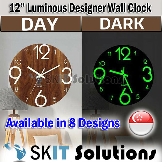12 Inch Luminous Minimalist Designer Wooden Quartz Wall Clock Dark Glowing Silent Non-Ticking