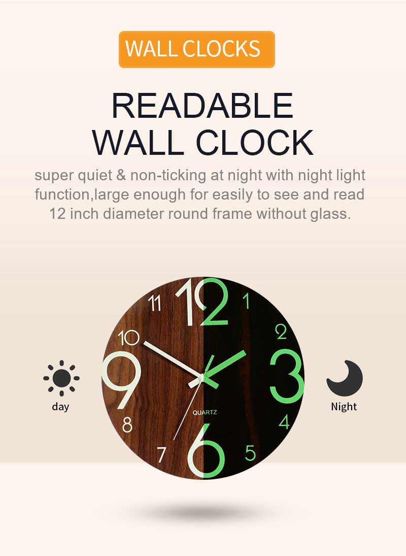 12 Inch Luminous Minimalist Designer Wooden Quartz Wall Clock Dark Glowing Silent Non-Ticking
