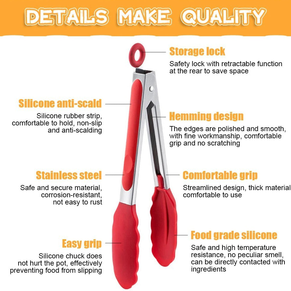 7/9/12 Inch Silicone Stainless Steel Food Tong Non Slip Heat Resistant BBQ Grill Salad Kitchen Tongs