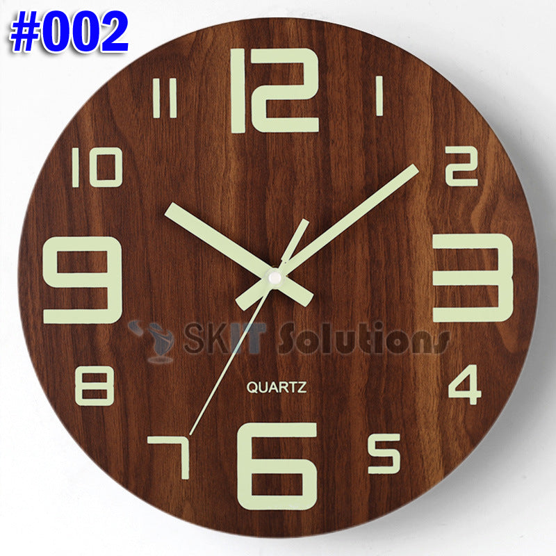 12 Inch Luminous Minimalist Designer Wooden Quartz Wall Clock Dark Glowing Silent Non-Ticking