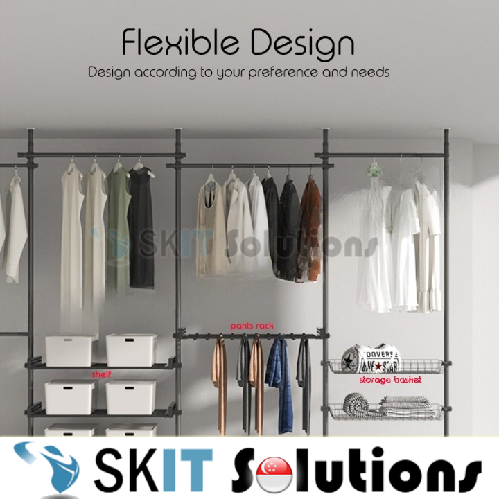 Standing Clothes Rack Adjustable Floor to Ceiling Space-Saving Hanging Pole Heavy-Duty DIY Wardrobe