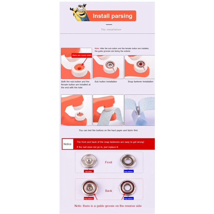 Seamless Snap Button Kit with Manual Pliers Ergonomic Metal Press Studs Tool Box Kit Stainless Steel Snap Fastener Kit