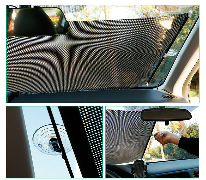 Retractable Car Front Window Sunshade with 3 Suction Cups, Adjustable WindShield SunShield Curtain Sun Block UV Rays Protection Sun Shade