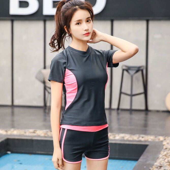 2 Pcs Women Swimming Suit Swim Wear Ladies Swimwear Two Piece Swimsuit Short Sleeve Top Shirt+Bottom Short/5-Point Pants