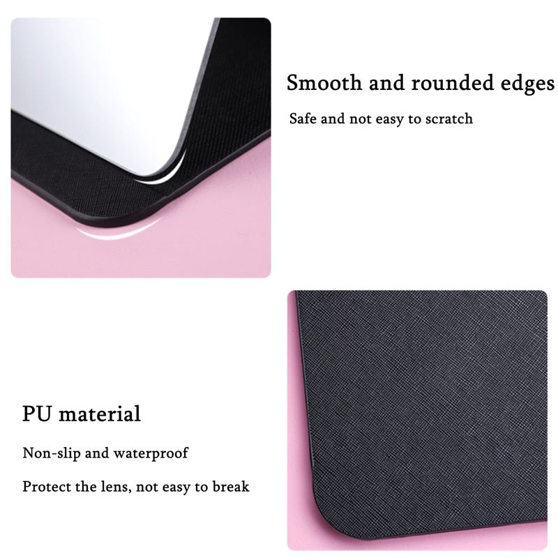 Foldable PU Leather Makeup Mirror Desktop Portable Pocket Cosmetic Travel Vanity Rounded Corner