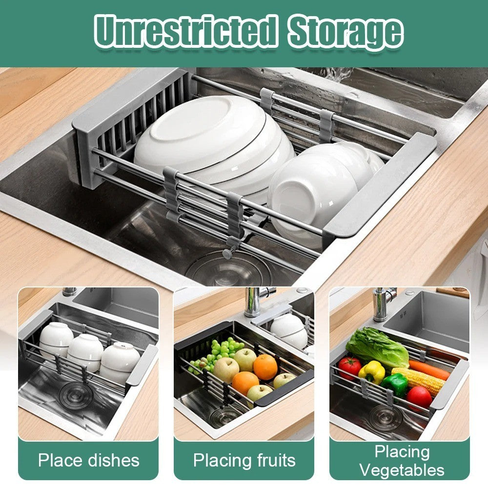 Retractable Stainless Steel Sink Drainer Rack Dish Drying Basket for Kitchen Fruits Vegetables