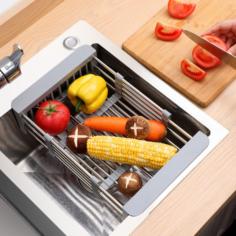 Retractable Stainless Steel Sink Drainer Rack Dish Drying Basket for Kitchen Fruits Vegetables