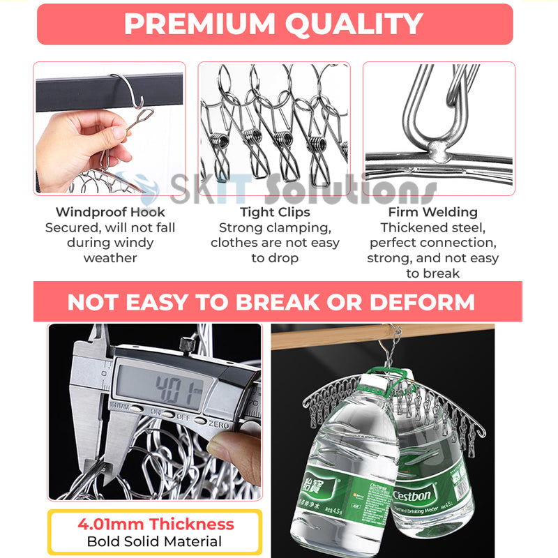 SUS304 Stainless Steel Hanger 8 / 10 / 20 Clips Peg Windproof Rust-Proof Laundry Drying Rack Hanging Organiser Balcony