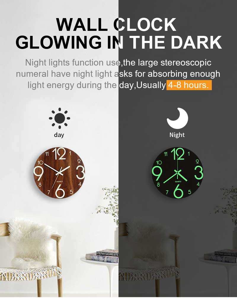 12 Inch Luminous Minimalist Designer Wooden Quartz Wall Clock Dark Glowing Silent Non-Ticking