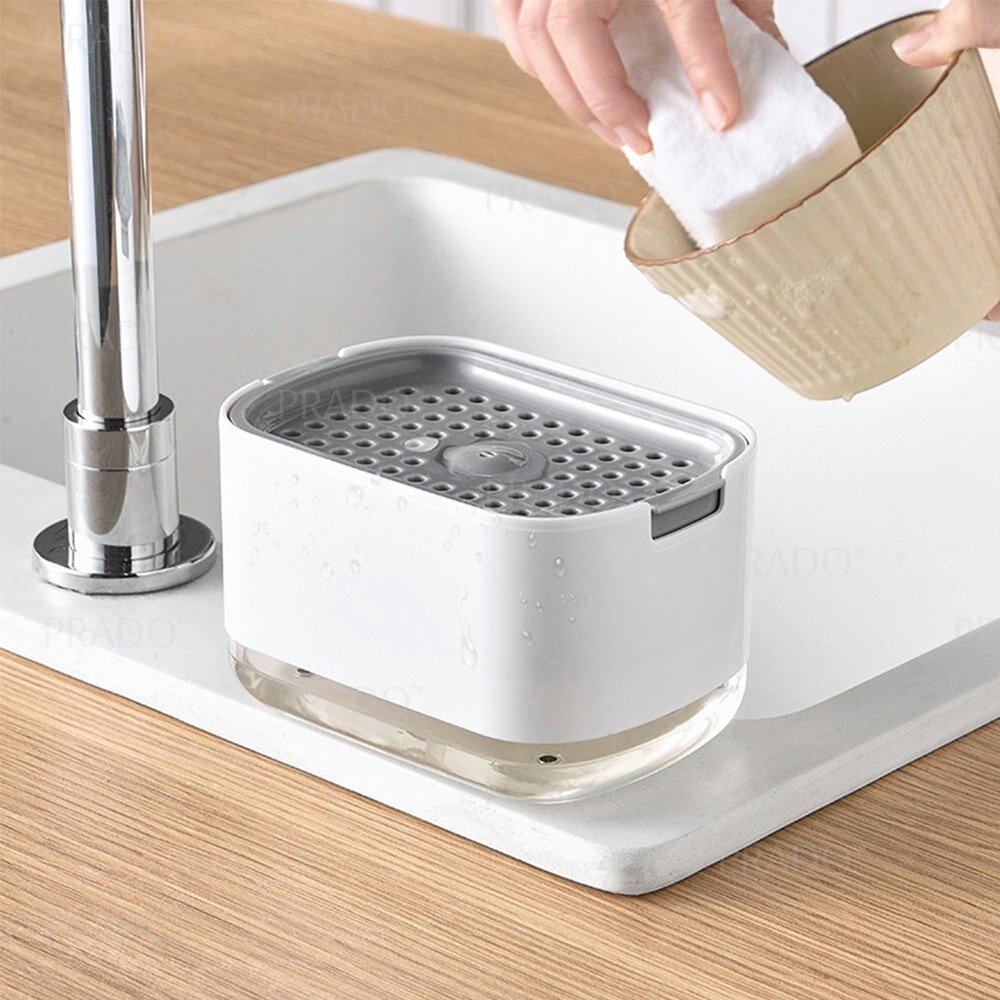 Upgraded 2in1 Dish Soap Dispenser Cleaning Ball Storage Box FREE Sponge Press Type Manual Kitchen Detergent Dispensing