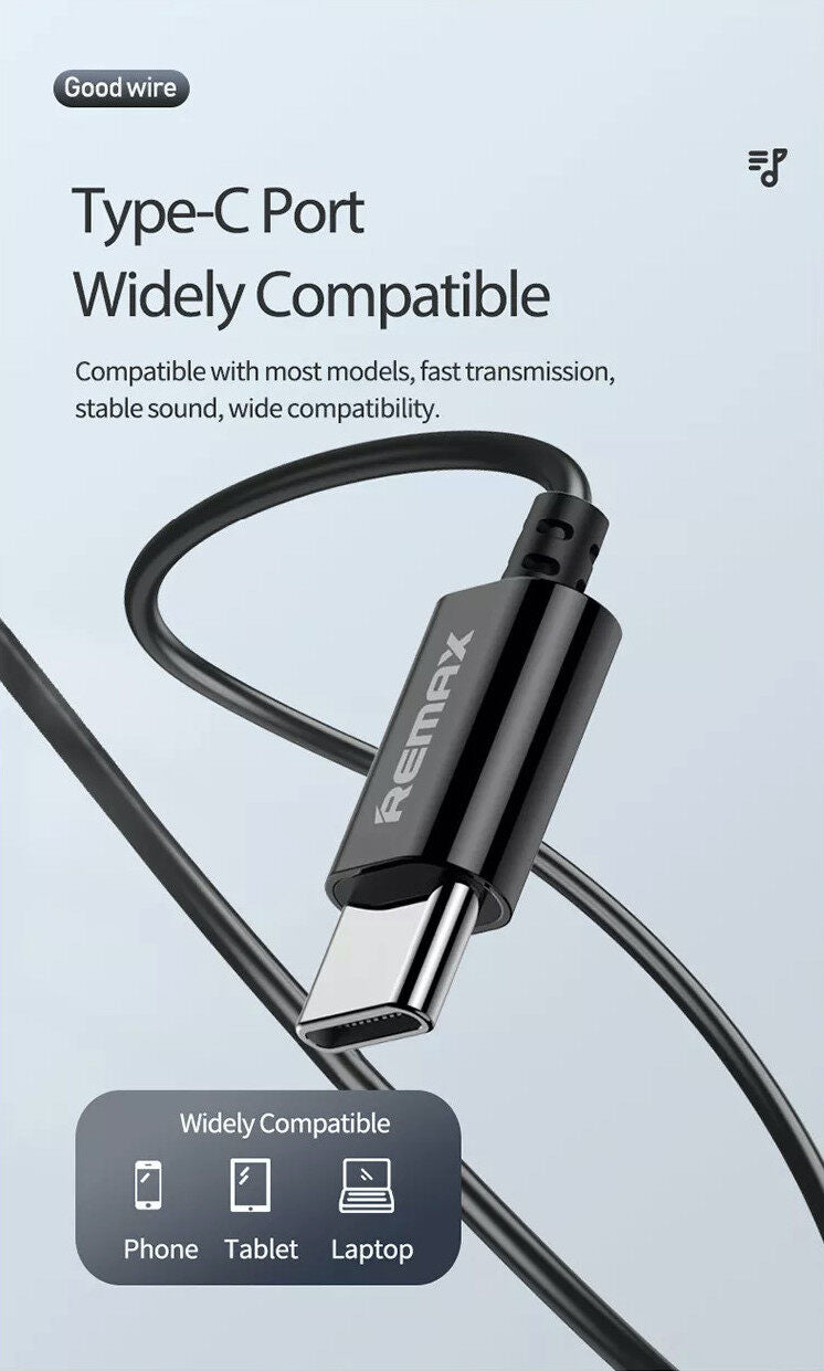 Remax RM-208A Type-C Sleep Wired Earphone USB-C In-Ear Microphone HD Music Call for Mobile Phones