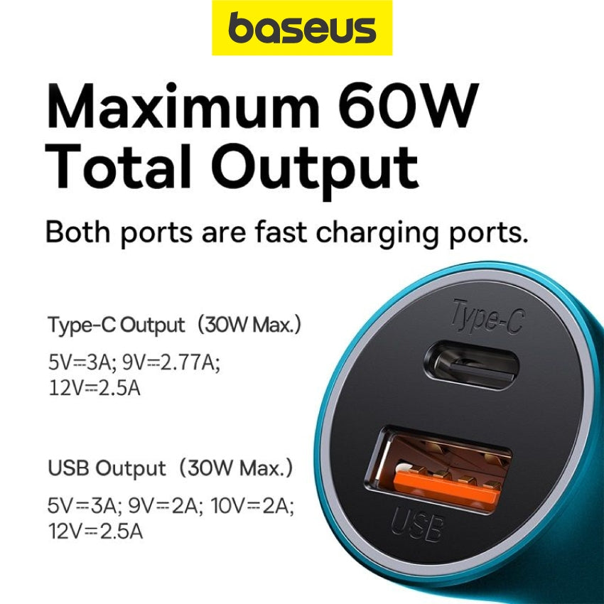 Baseus Golden Contactor Max Dual Fast Charger Car Charger U+C 60W High Power USB + Type C