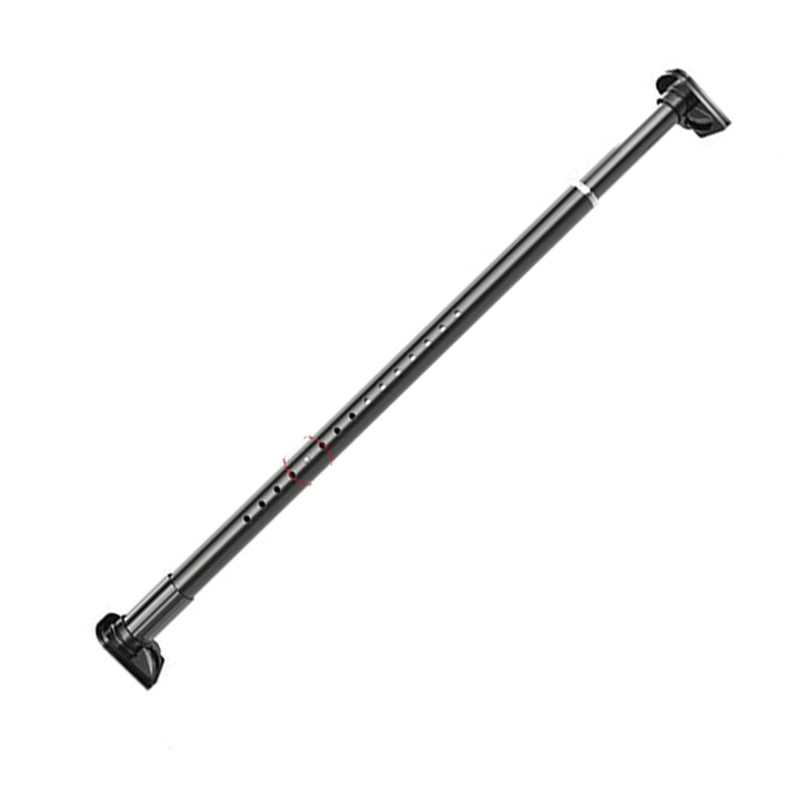Black no-drill tension curtain rod with pad feet on white background