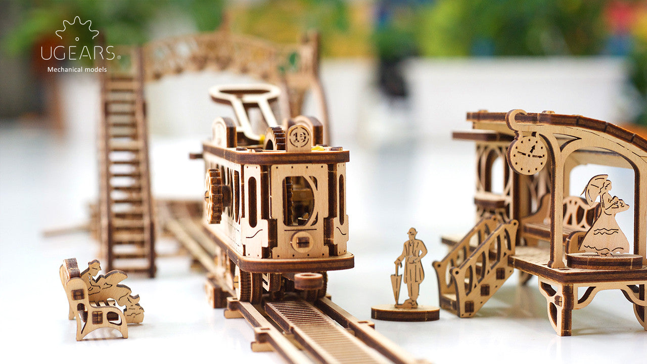 Ugears Mechanical Town Series - Tram Line Model ★Mechanical 3D Puzzle Kit Model Toys Gift Present Birthday Xmas Christmas Kids Adults