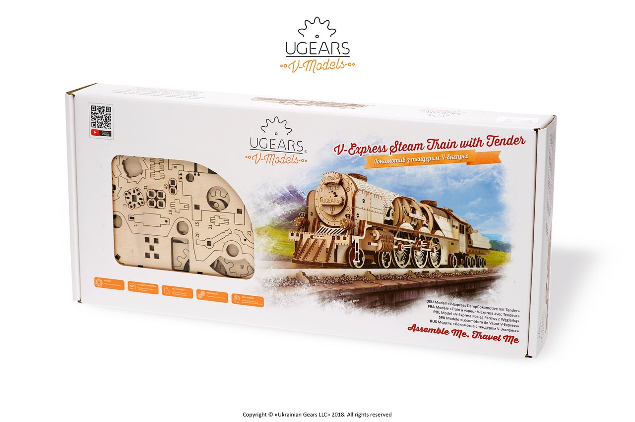Ugears V-Express Steam Train With Tender ★Mechanical 3D Puzzle Kit Model Toys Gift Present Birthday Xmas Christmas Kids Adults