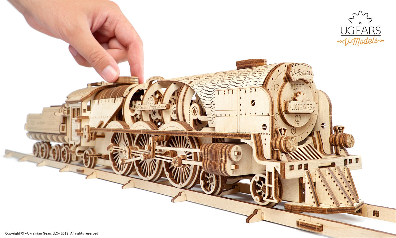 Ugears V-Express Steam Train With Tender ★Mechanical 3D Puzzle Kit Model Toys Gift Present Birthday Xmas Christmas Kids Adults