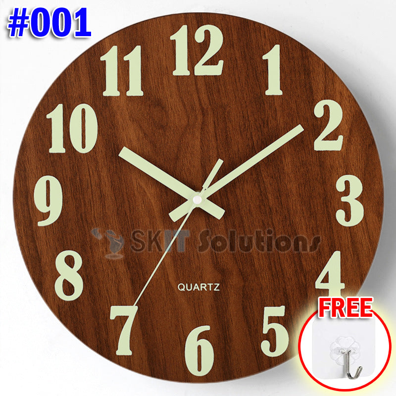 12 Inch Luminous Minimalist Designer Wooden Quartz Wall Clock Dark Glowing Silent Non-Ticking