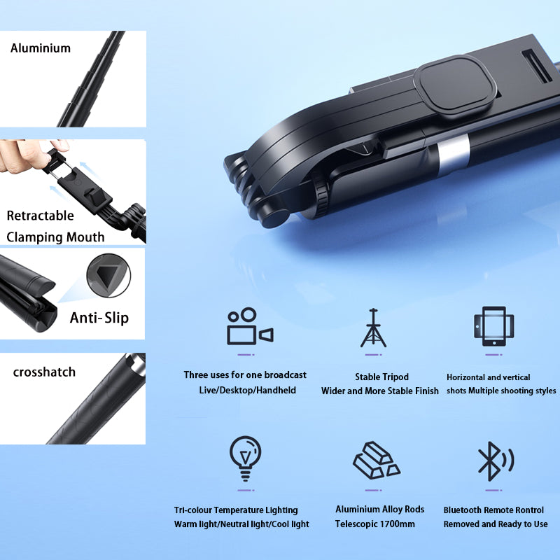 170cm 360° Rotation Wireless Selfie Stick Tripod Monopod with Single/Double Fill Light+Bluetooth Remote Control+Phone Stand Holder