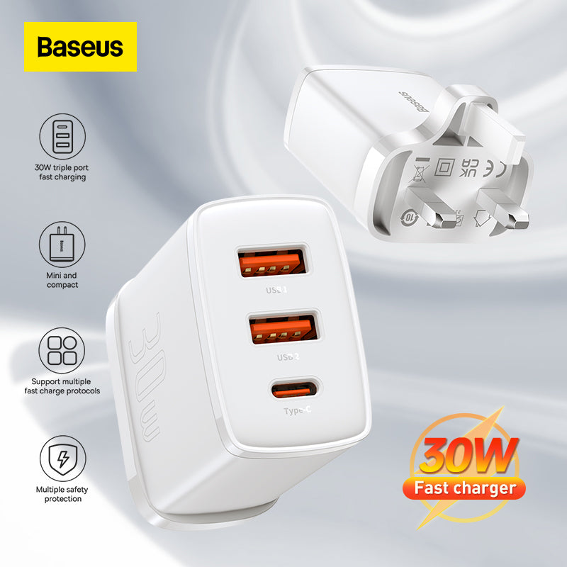 Baseus Compact Fast Charger 30W 2 USB + 1 USB-C Type C UK 3-Pins Plug PD3.0 QC3.0 Quick Wall Adapter with SG Safety Mark