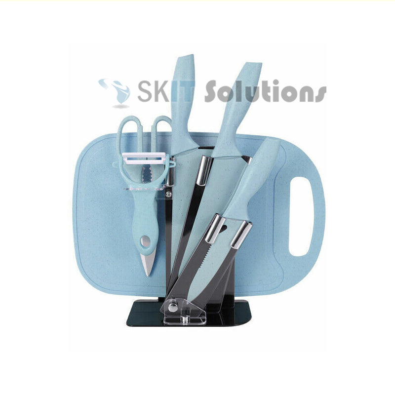 7pcs Wheat Knife Set With Cutting Board Utensils Holder 7in1 Non-Stick Stainless Steel Kitchen Cooking Knives Scissor