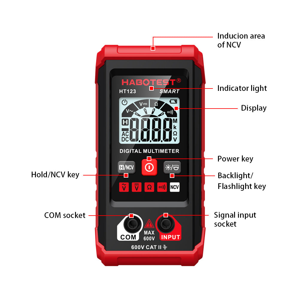 HABOTEST HT123 Smart Digital Multimeter AC/DC Voltage Resistance Continuity Measurement Tester NCV Multimeter Voltmeter