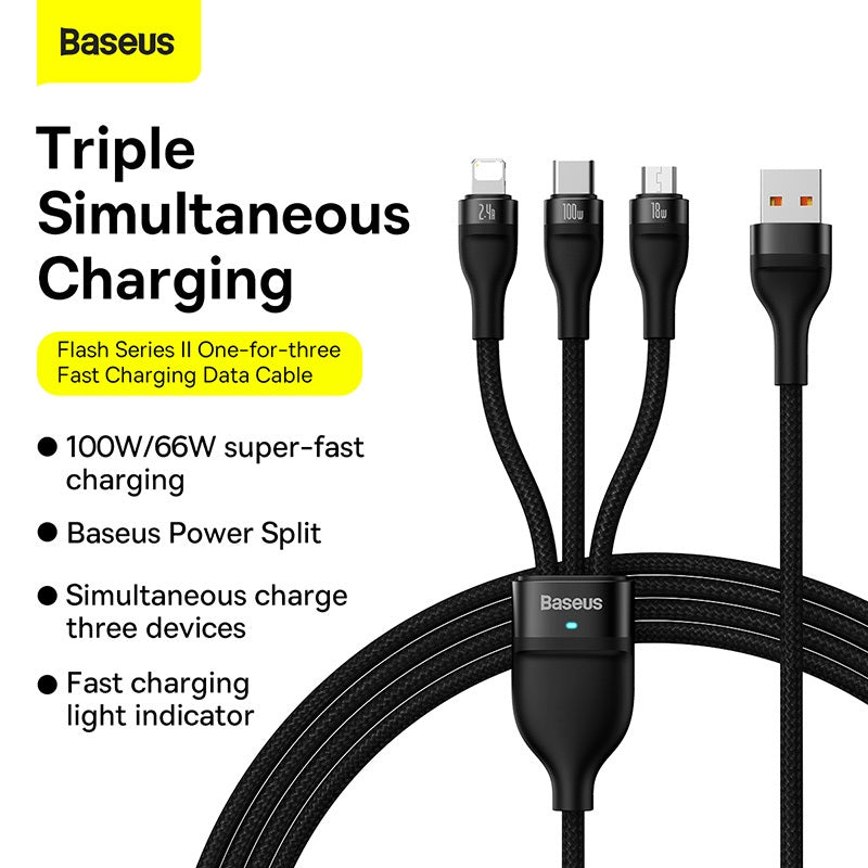 Baseus Flash II One-For-Three Type-C to Micro + iP + Type-C 100W Fast Charger Cable Charging