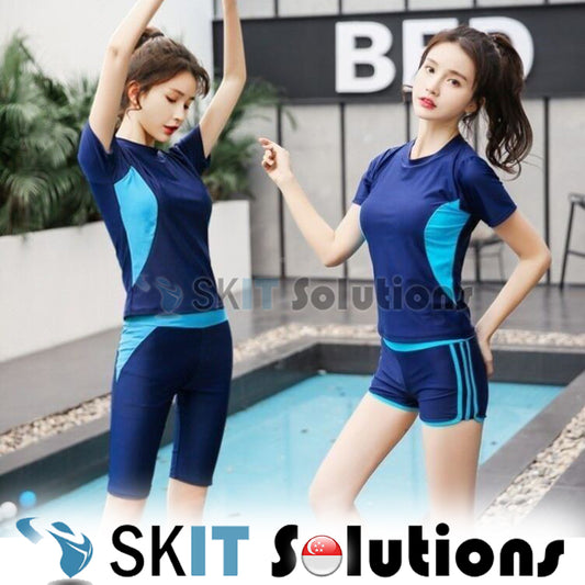 2 Pcs Women Swimming Suit Swim Wear Ladies Swimwear Two Piece Swimsuit Short Sleeve Top Shirt+Bottom Short/5-Point Pants