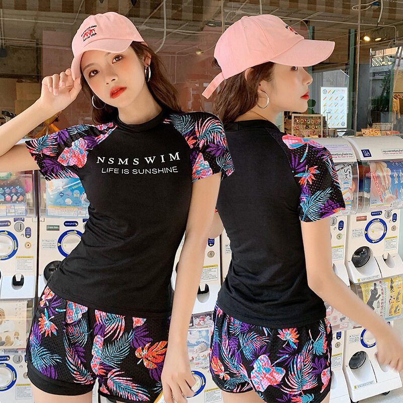 2 Pcs/Set Women Swimming Suit Swim Wear Ladies Two Piece Swimwear Sunscreen Swimsuit Short-Sleeve Top+Flat-Angle Skirt