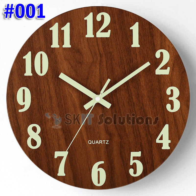 12 Inch Luminous Minimalist Designer Wooden Quartz Wall Clock Dark Glowing Silent Non-Ticking