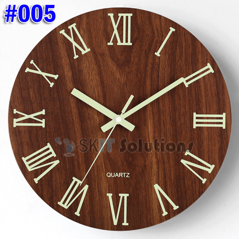 12 Inch Luminous Minimalist Designer Wooden Quartz Wall Clock Dark Glowing Silent Non-Ticking