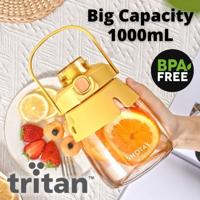 Tritan BPA Free 1000ml Hot Cold Drinking Water Bottle Large Cute Kawaii with Dual Spout-Direct/With Straw Spout 大肚杯