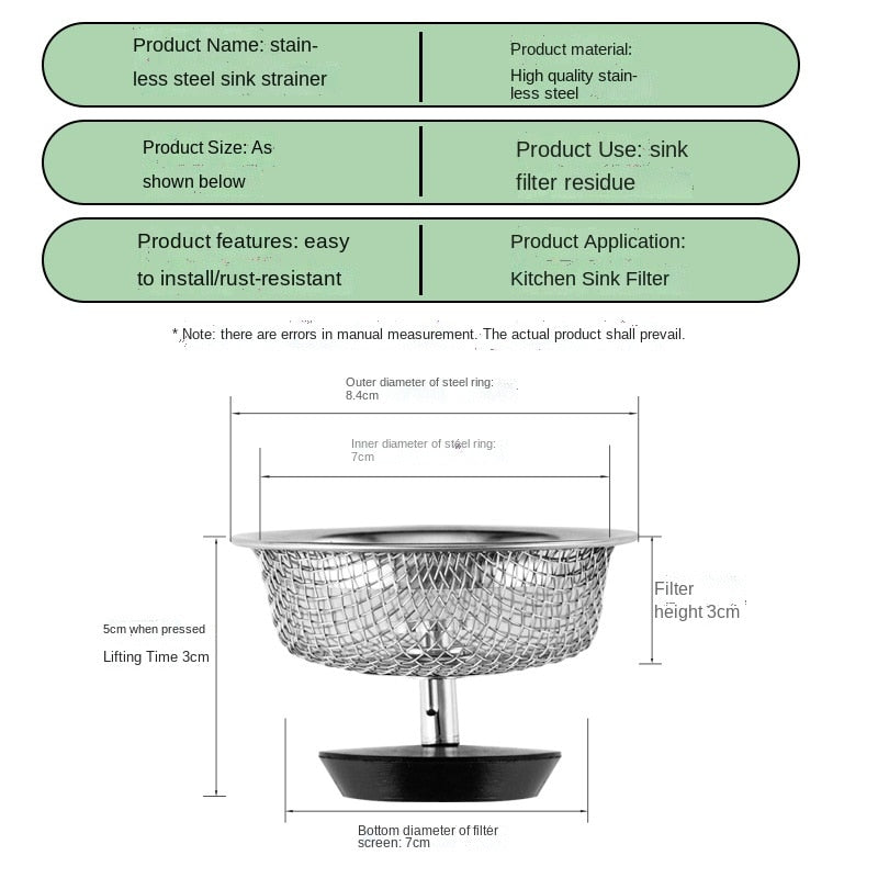 Kitchen Sink Strainer Mesh Metal Rotatable Handle & Rubber Stopper, Stainless Steel Sink Drain Water Filter Plug Basket