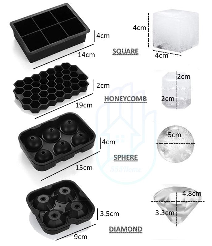 BPA FREE Premium Ice Ball Maker Whiskey Silicone Ice Cube Tray Mold Mould Lid Sphere Square Round Diamond Honeycomb