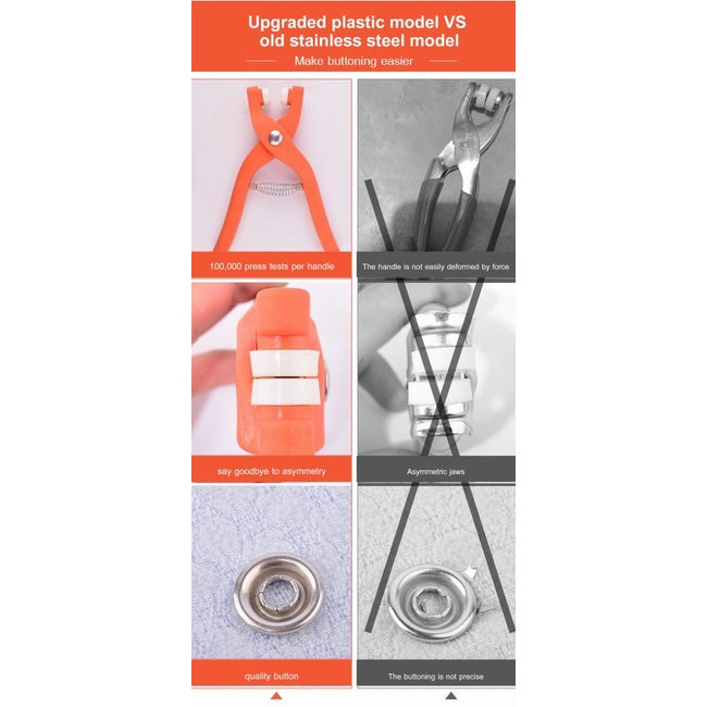 Seamless Snap Button Kit with Manual Pliers Ergonomic Metal Press Studs Tool Box Kit Stainless Steel Snap Fastener Kit