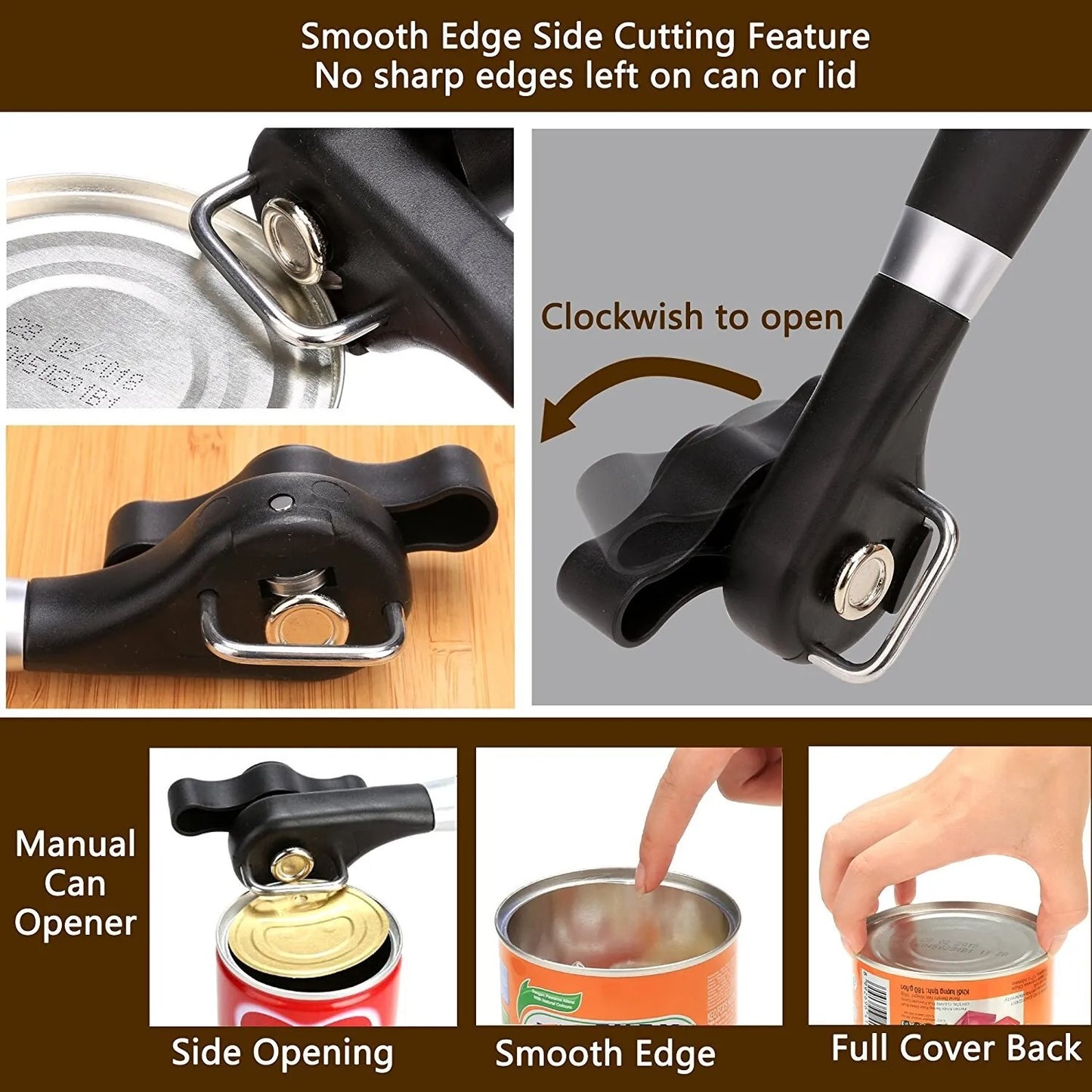 Manual Smooth Edge Can Opener Safe Side Cut Handheld Easy Open for Seniors Arthritis Stainless Steel