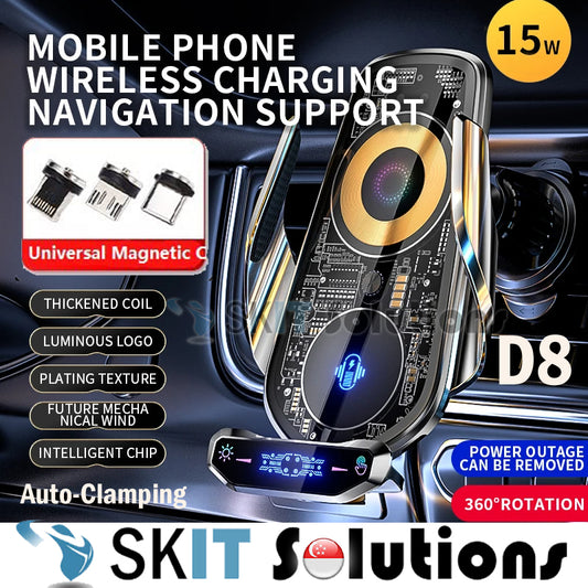 D8 15W Qi Wireless Charging / Magnetic Charging Car Fast Charger Auto-Clamping Air Vent Phone Mount Aircon Holder Stand