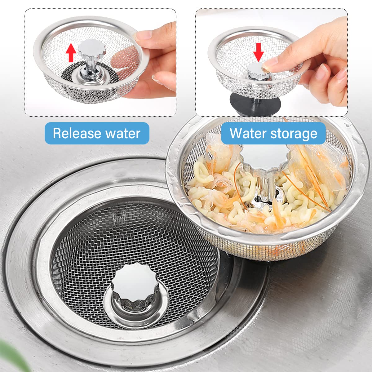 Kitchen Sink Strainer Mesh Metal Rotatable Handle & Rubber Stopper, Stainless Steel Sink Drain Water Filter Plug Basket