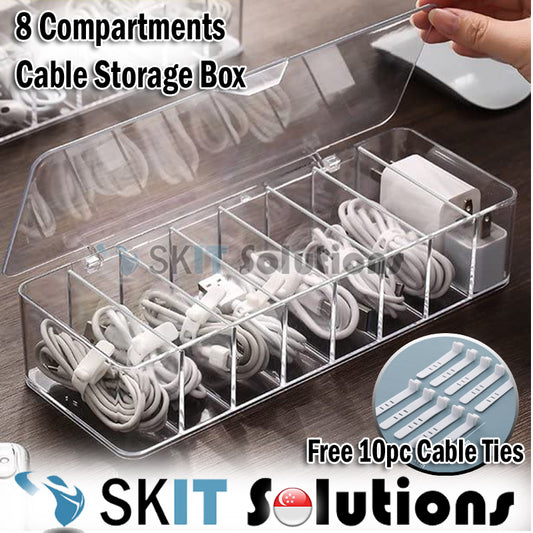 Clear 8 Compartments Plastic Cable Wire Storage Box 8 Grids Organiser Case Container with Lid Cover Free 10pc Cable Tie