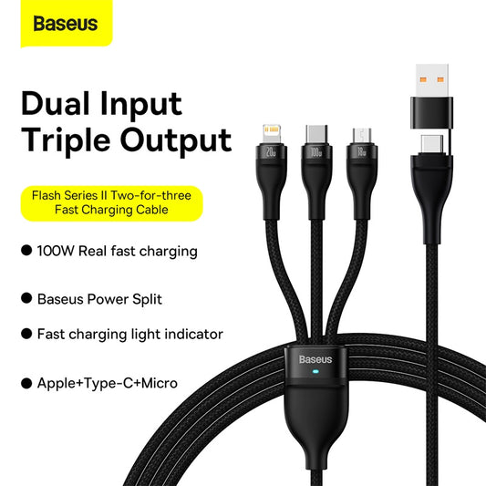 Baseus 2 for 3 Cable PD 100W Fast Charging Date Cable U+C to M+L+C 100W Two-For-Three 1.2 Meter Dual Input Triple Output
