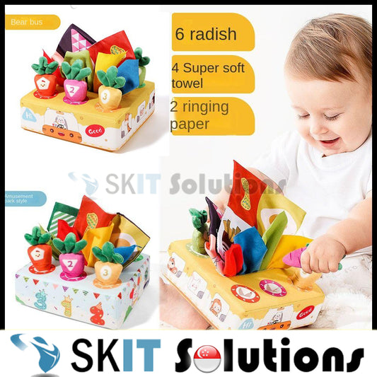 Bear Bus / Amusement Park Baby Plush Cotton Montessori Pulling Toys Educational Radish Carrot Pull Tissue Number Color Cognition Developing Game