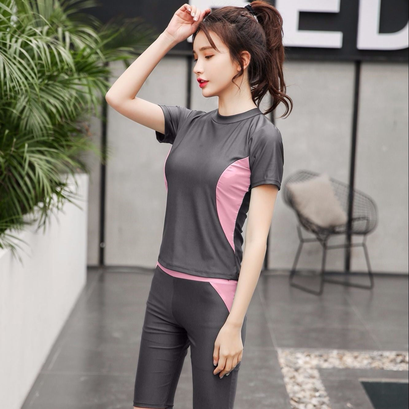 2 Pcs Women Swimming Suit Swim Wear Ladies Swimwear Two Piece Swimsuit Short Sleeve Top Shirt+Bottom Short/5-Point Pants