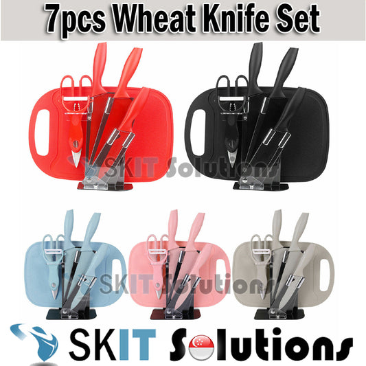 7pcs Wheat Knife Set With Cutting Board Utensils Holder 7in1 Non-Stick Stainless Steel Kitchen Cooking Knives Scissor