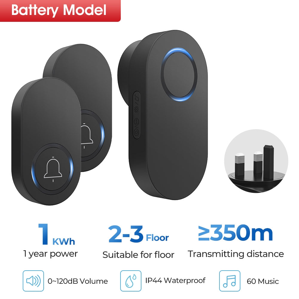 Self Powered / Button Battery Wireless Doorbell Door Bell Waterproof 3 Pin Plug 60 Chimes 350M 120dB