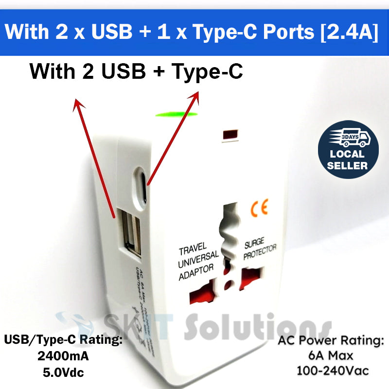 Universal / International / Worldwide Travel Adaptor All-In-One with USB / Type-C Charging Ports