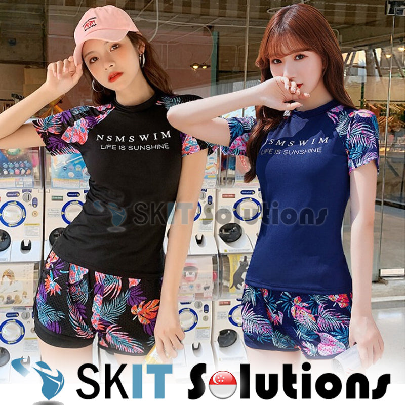 2 Pcs/Set Women Swimming Suit Swim Wear Ladies Two Piece Swimwear Sunscreen Swimsuit Short-Sleeve Top+Flat-Angle Skirt