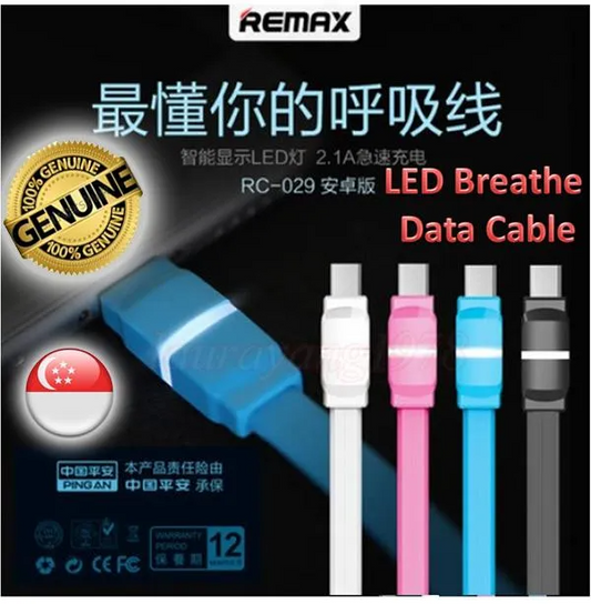 Remax Breathe LED Turbo Charging USB Data Sync Charger Cable 2.1A Micro USB Android Samsung XiaoMi HTC LG