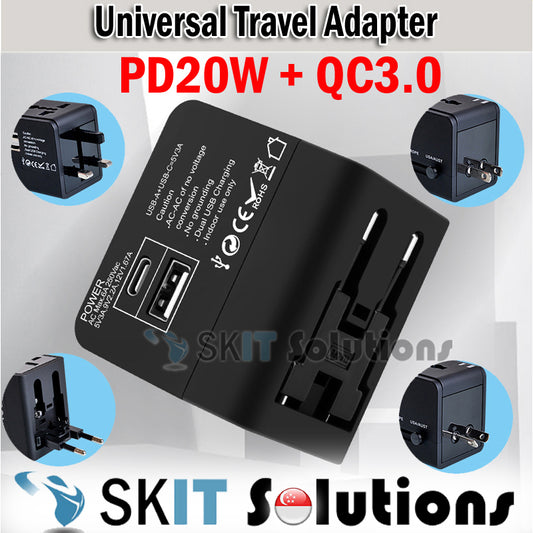 20W PD Global Universal Travel Adapter Power Wall Charger PD+QC3.0 1 USB 1 Type-C Port International Plug Fast Charging