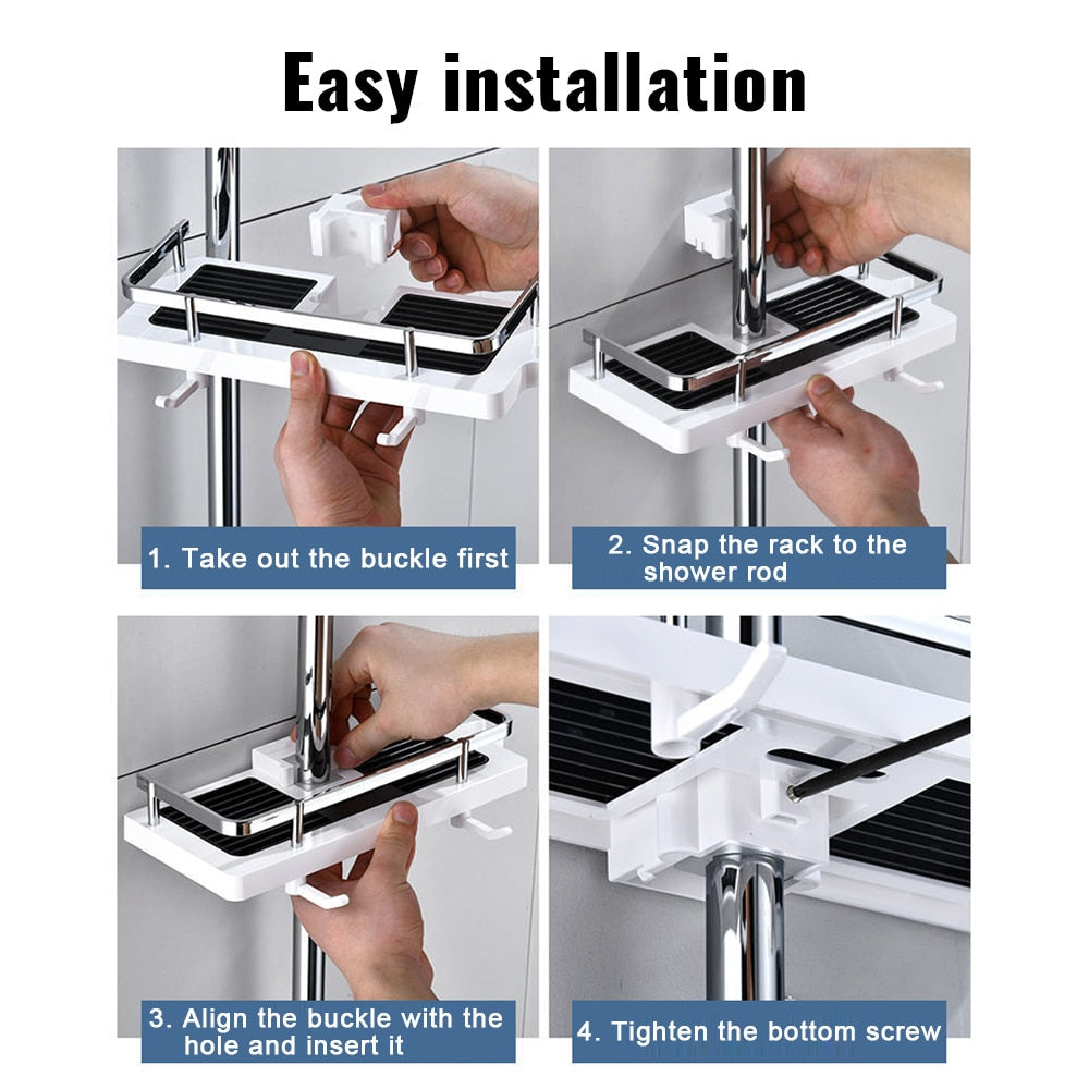 Shower Rack Storage Holder Bathroom Shelf Pole Shelves Shampoo Tray Stand Lifting Rod Head Organizer No Drill Hole
