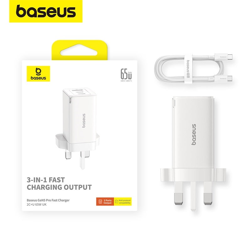 Baseus GaN5 Pro 65W Fast Charger PD3.0 QC4.0 USB C Quick UK Plug Adapter Safety Mark Free 1M Type-C Cable